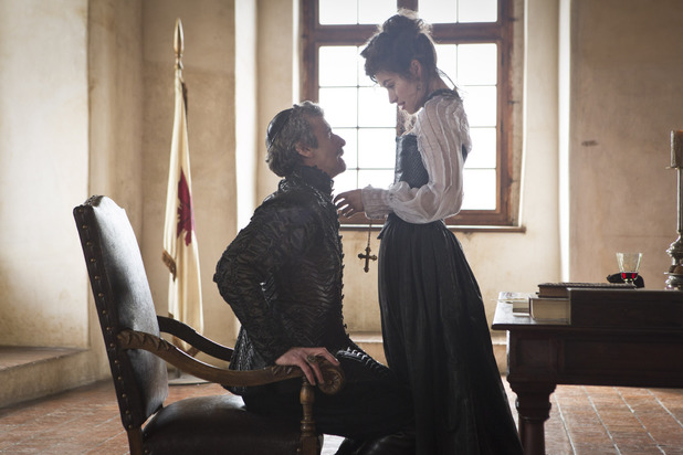 Peter Capaldi as Cardinal Richelieu and Maimie McCoy as Milady in The Musketeers episode two