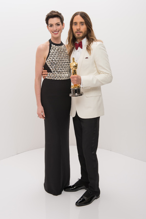 A.M.P.A.S. After winning the category Performance by an Actor in a Supporting Role for his work in "Dallas Buyers Club," actor Jared Leto poses backstage with his Oscar® and presenter Anne Hathaway
86th Annual Academy Awards Oscars, Portraits, Los Angeles, America - 02 Mar 2014