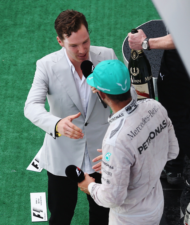 Benedict Cumberbatch interviews Lewis Hamilton after his victory at the 2014 Malaysian Grand Prix