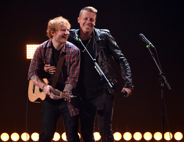 Ed Sheeran and Macklemore perform during the 2014 iHeartRadio Music Festival at the MGM Grand Garden Arena on September 20, 2014 in Las Vegas, Nevada. 
