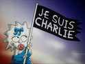 Maggie Simpson holds a flag bearing the words 'Je Suis Charlie'.