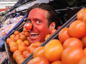 Made in Chelsea star camouflages himself in the tomato crates for Red Nose Day.