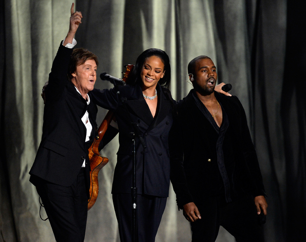 Paul McCartney, Rihanna and Kanye West perform 'FourFiveSeconds' onstage during the Grammy Awards 2015