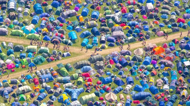 Aerial view showing thousands of tents at Glastonbury Festival 2015