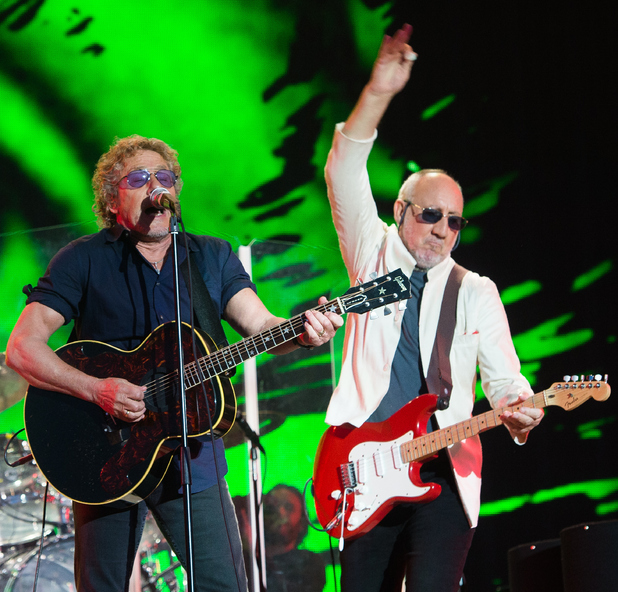 Roger Daltrey and Pete Townshend of the English rock band The Who perform on the Pyramid Stage at the Glastonbury Festival